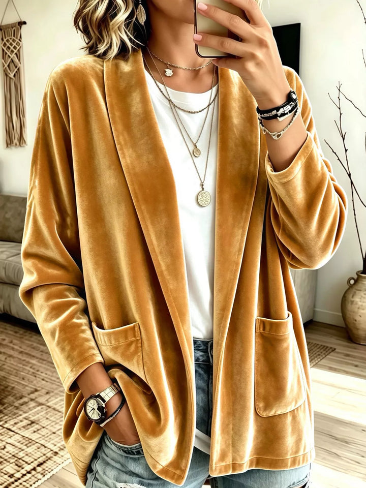 Velvet-look open front shawl collar in gold, front view