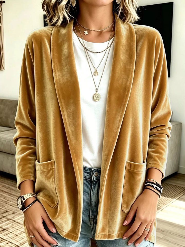 Velvet-look open front shawl collar in gold, styled on model