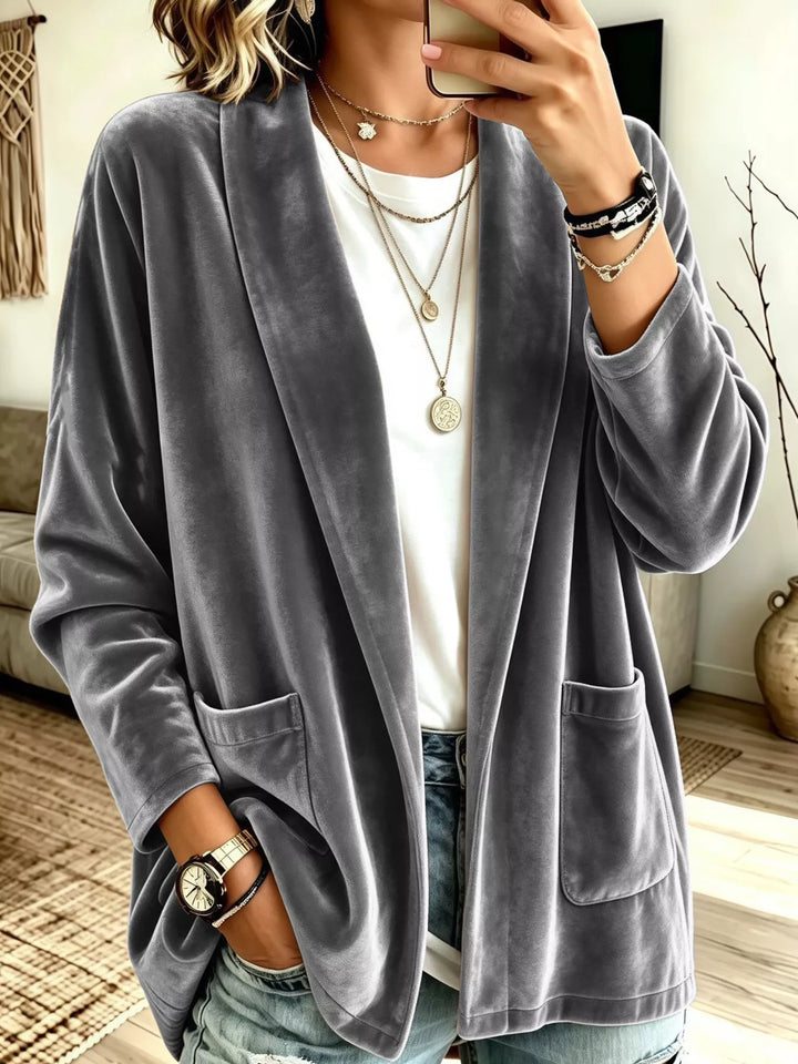 Women's cardigan sweater in gray, velvet-look open front shawl collar