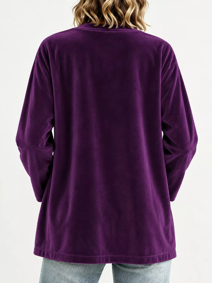 Velvet-look open front shawl collar in purple, back view