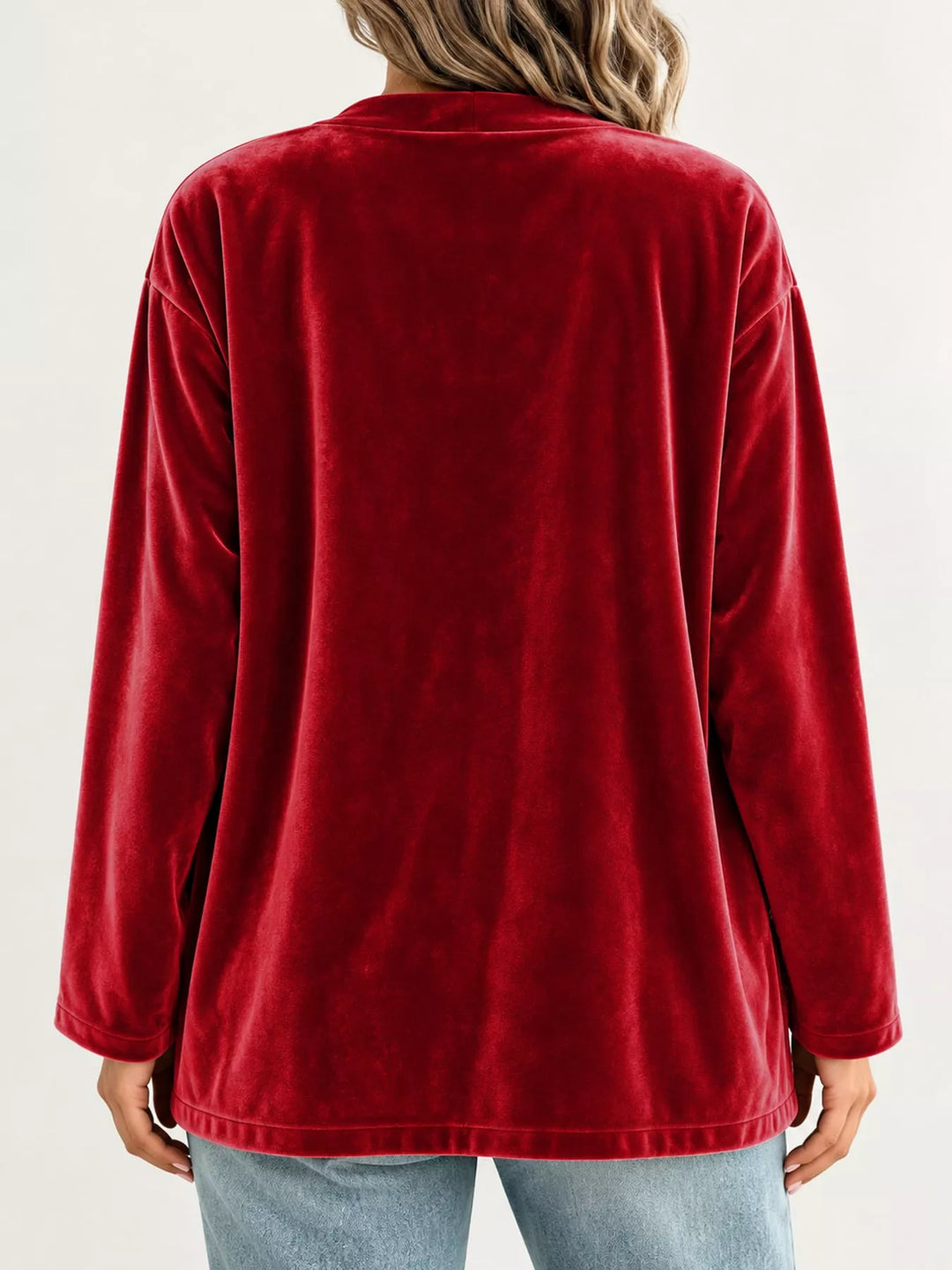 Velvet-look open front shawl collar in red, back view