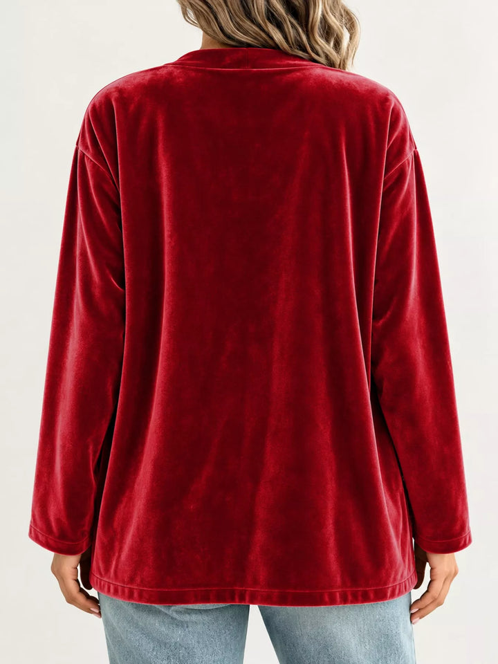 Velvet-look open front shawl collar in red, back view