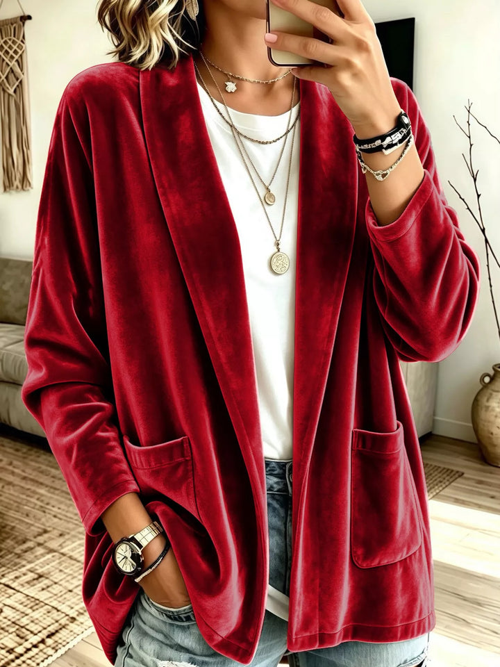 Velvet-look open front shawl collar in red, front view