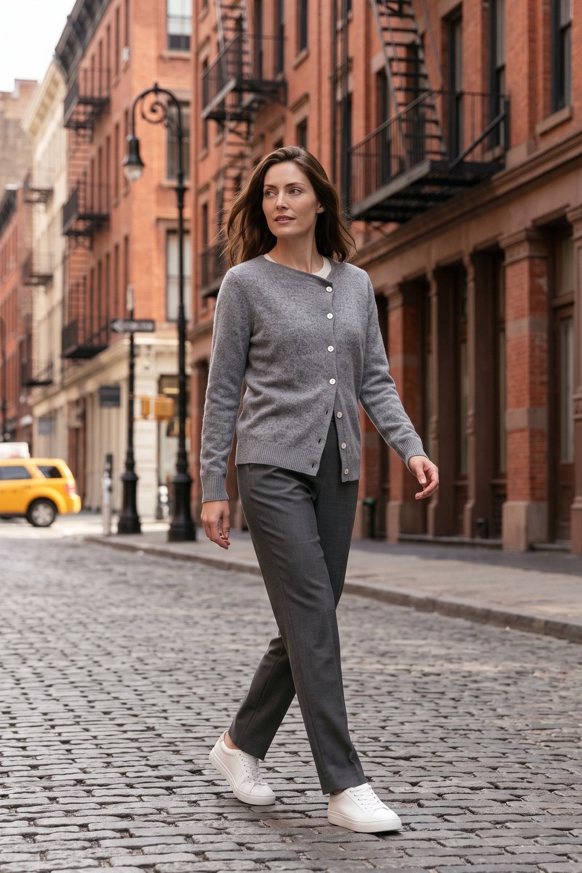Women's Cardigan Sweaters | Button Front — Grey — lifestyle — on model