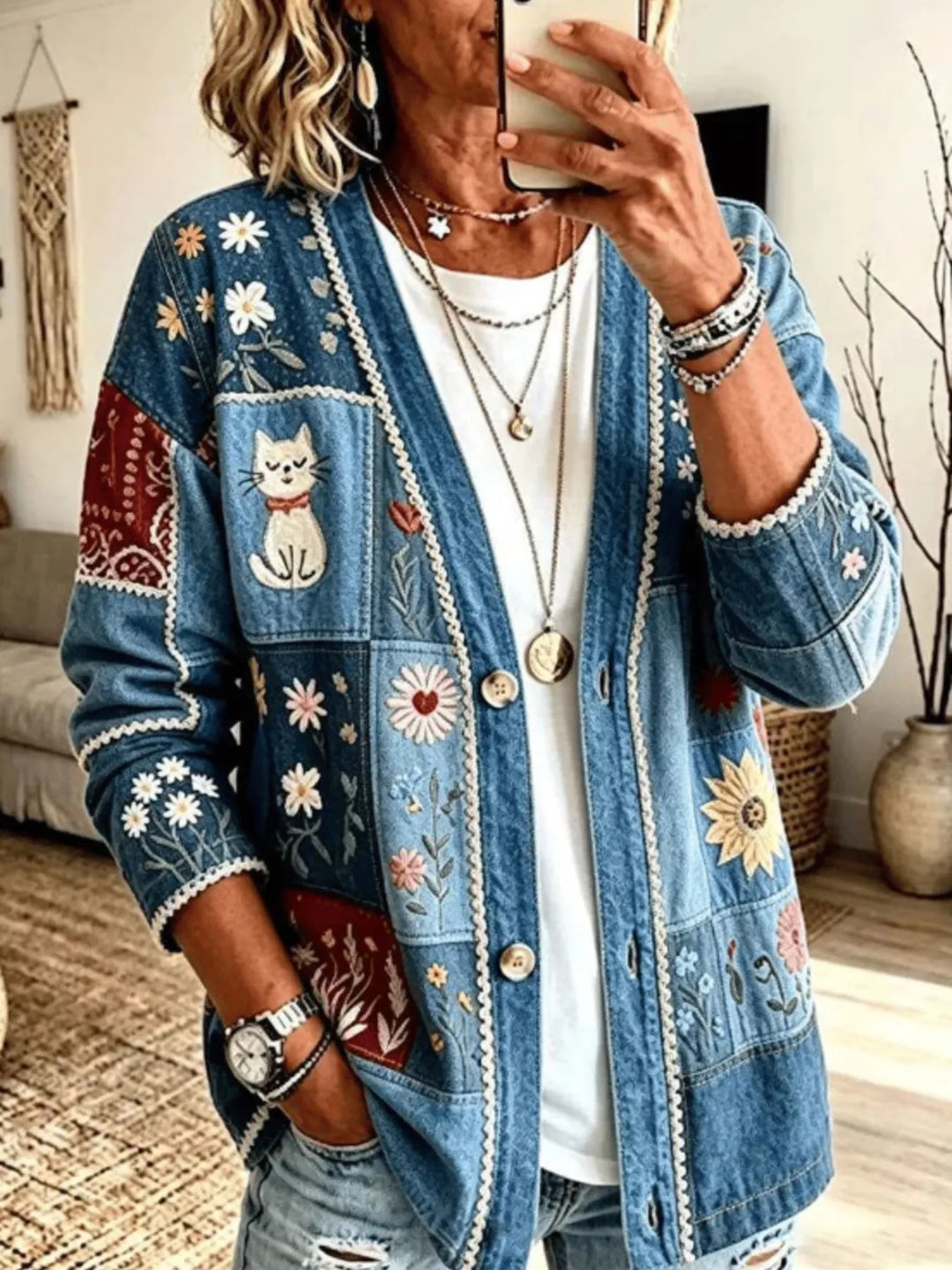 Denim blue cardigan with embroidered cat and floral patchwork, button front