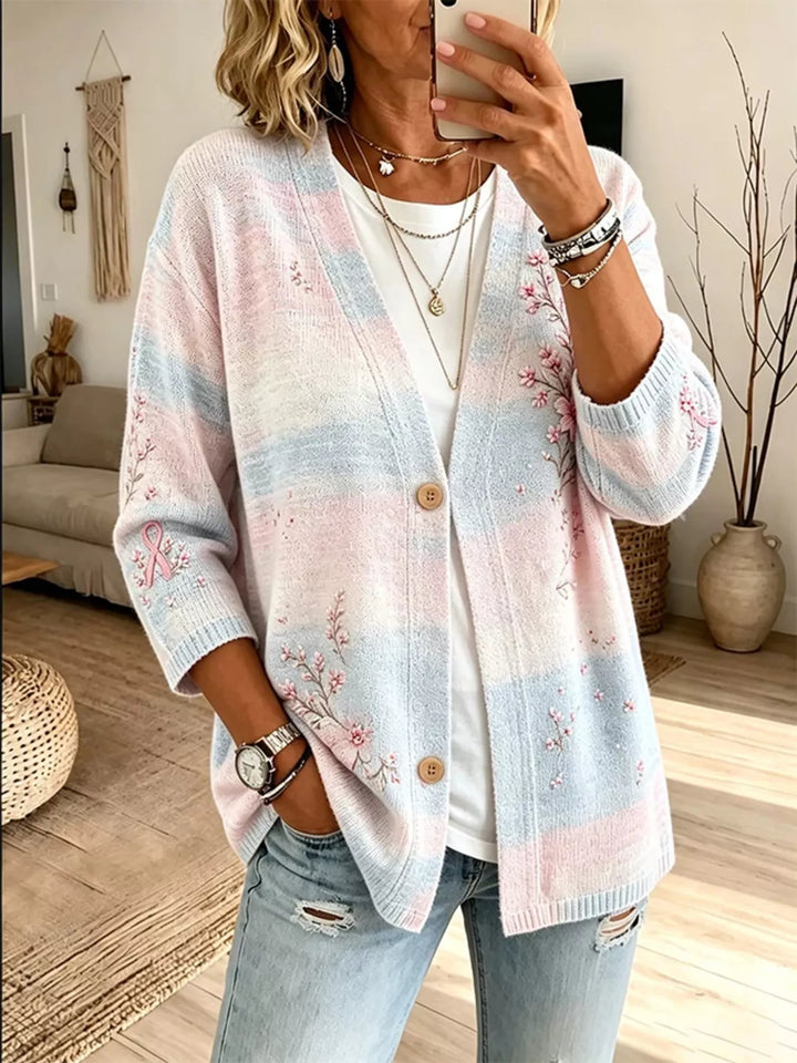 Pastel blue and pink color block cardigan with V-neck and button front