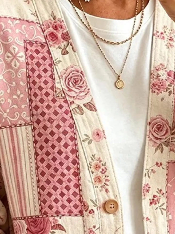 Close-up of pink floral cardigan checkered and rose patchwork panels