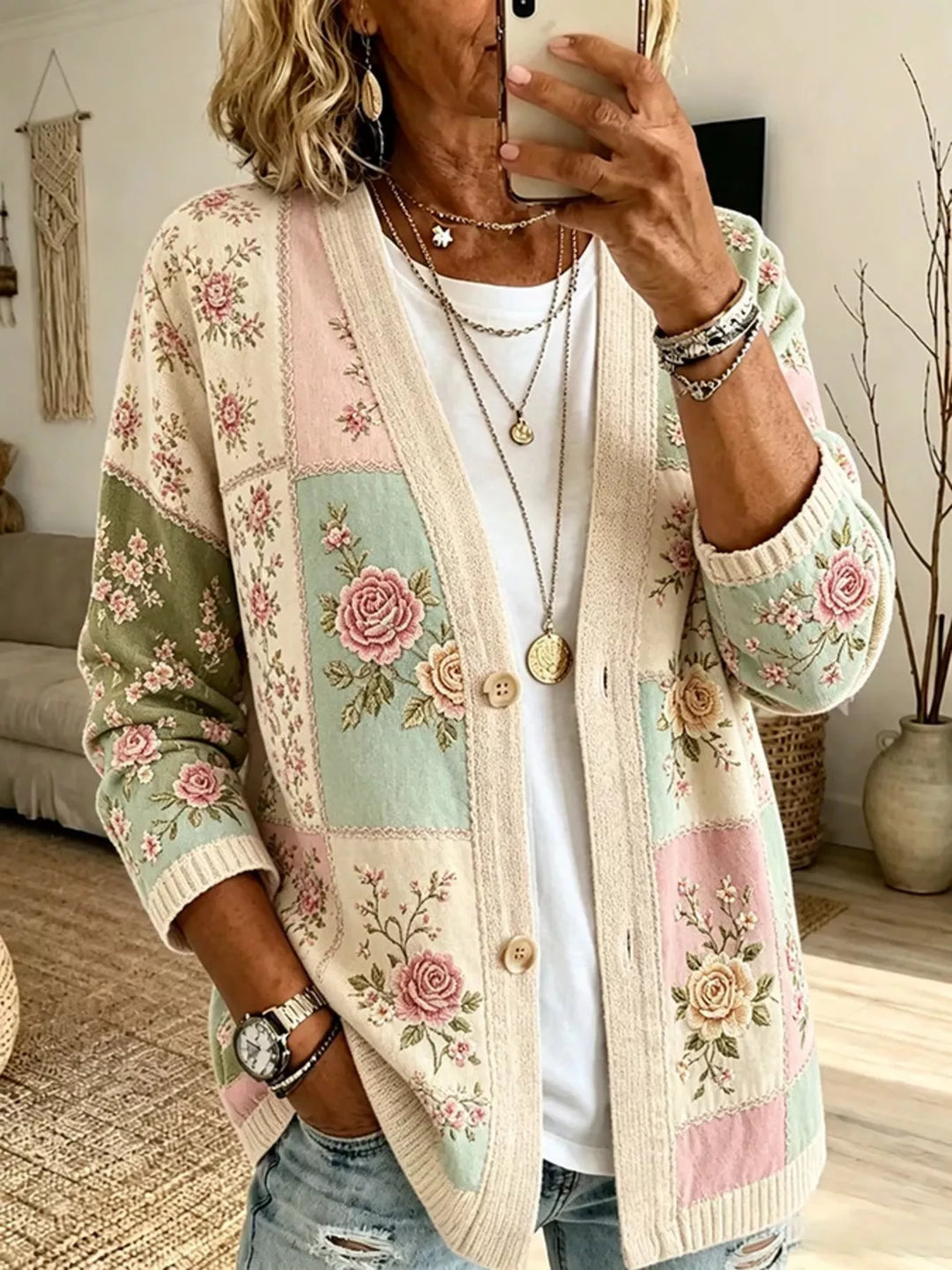 Women's cardigan in sage floral with V-neck, button front and patchwork print