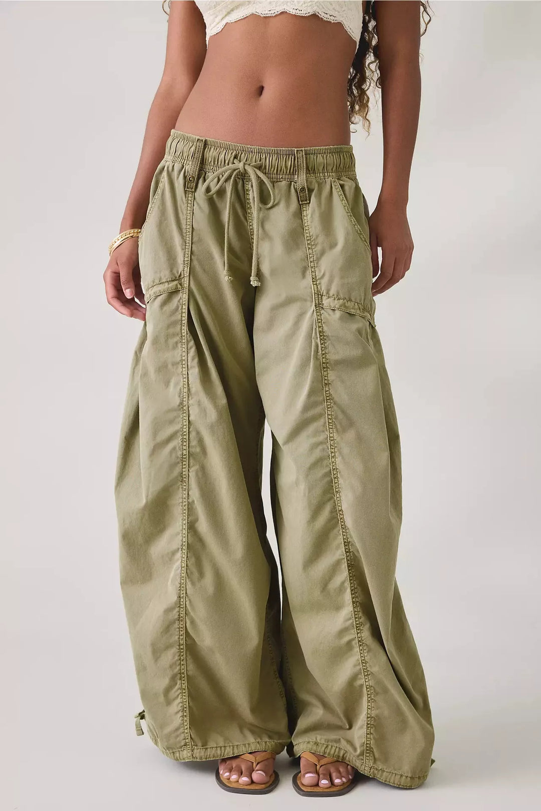 Sage wide leg parachute cargo pants with drawstring waist, front view