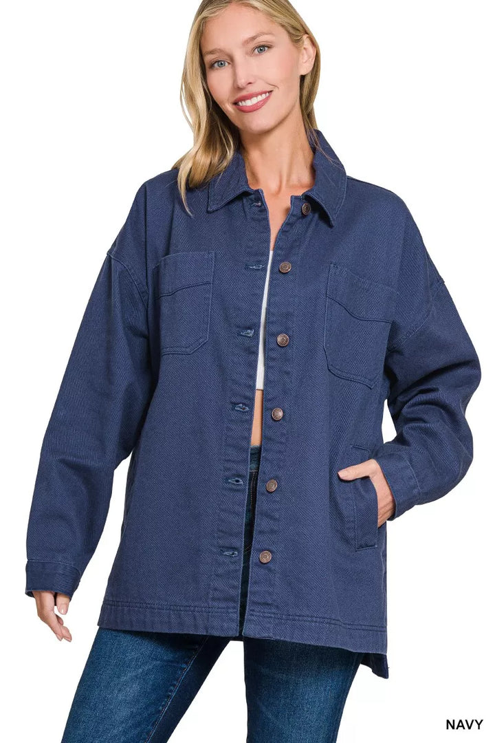 Women's navy casual jacket, oversized button front shacket with chest pockets and side slits