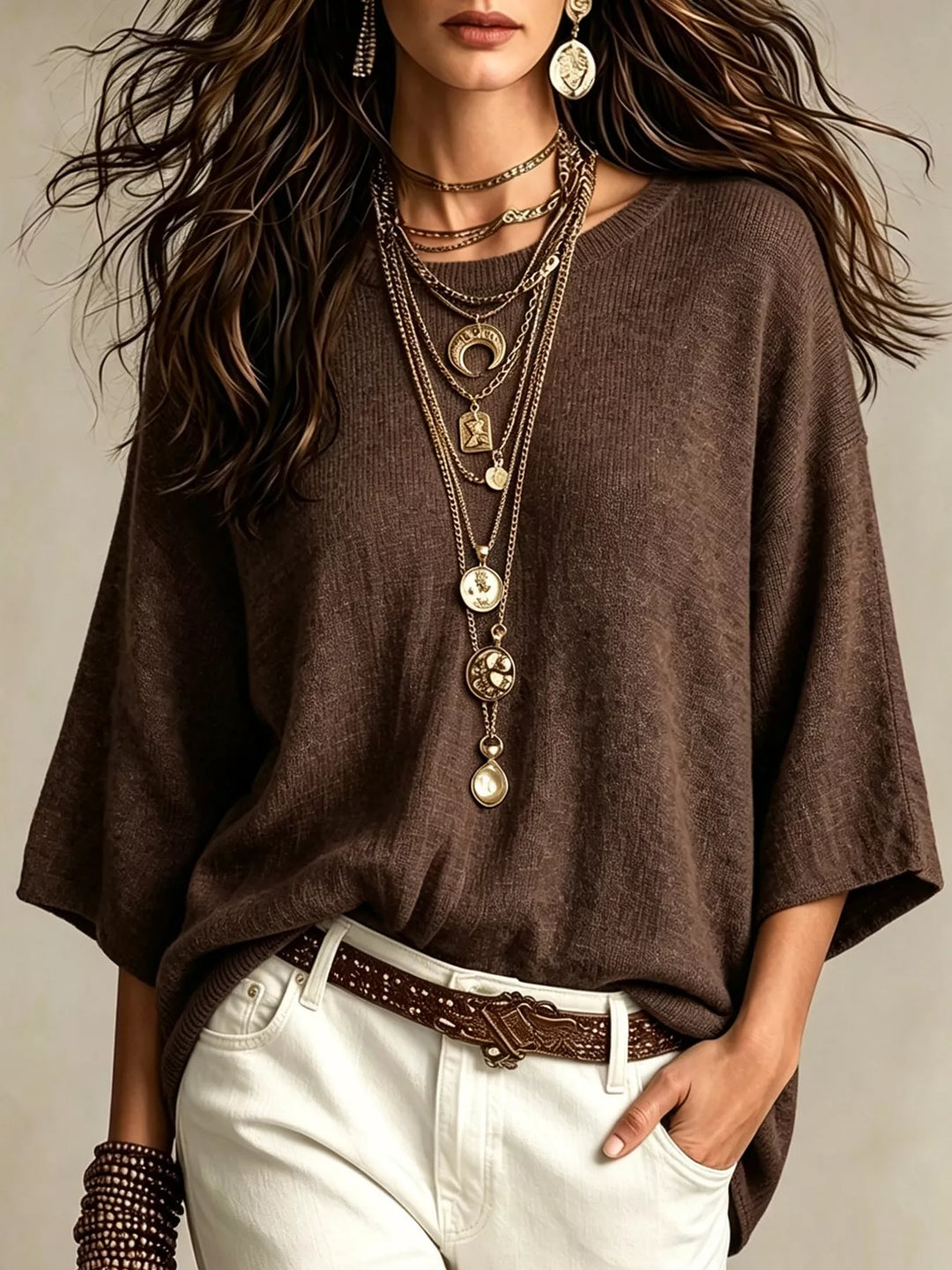 Women's brown casual top, lightweight knit with wide 3/4 sleeves, layered necklaces