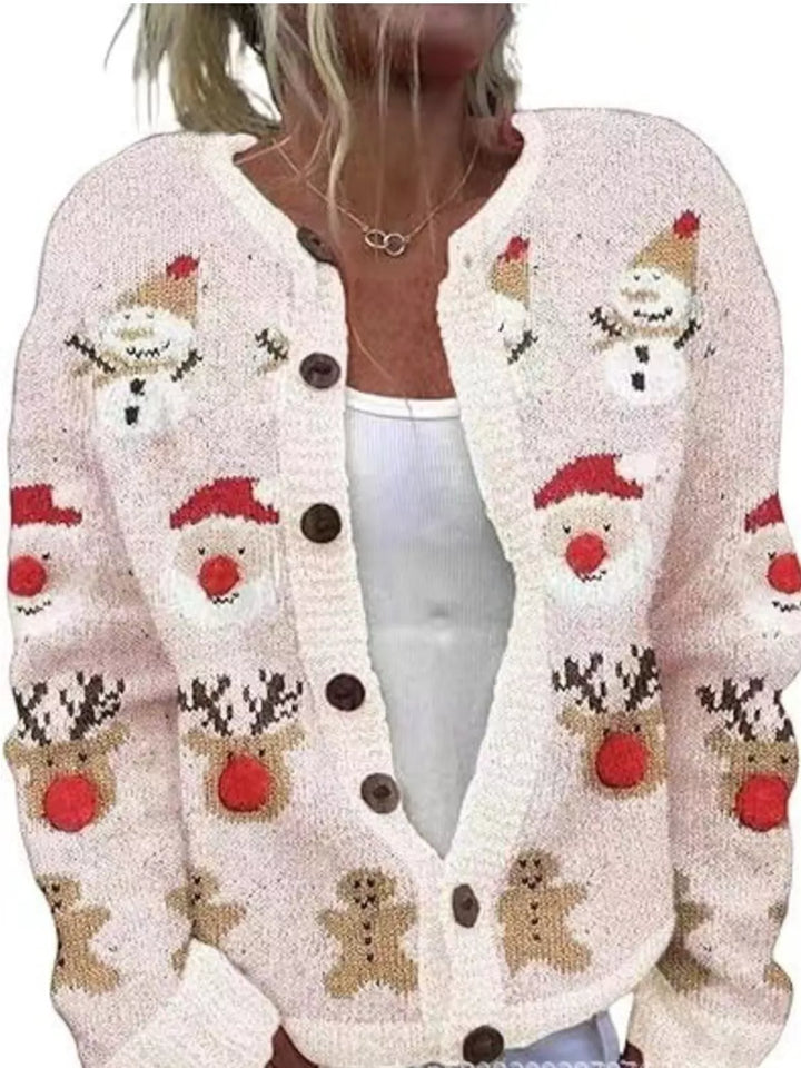 Women's Christmas cardigan in blush pink with Santa, snowman and reindeer motifs