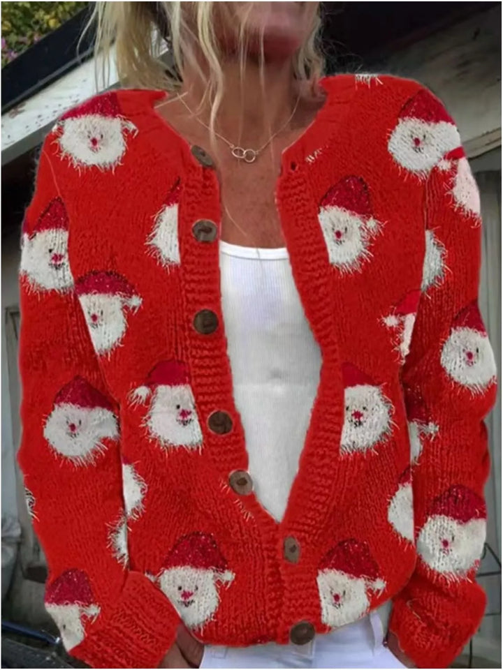Red button front Christmas cardigan covered in Santa faces