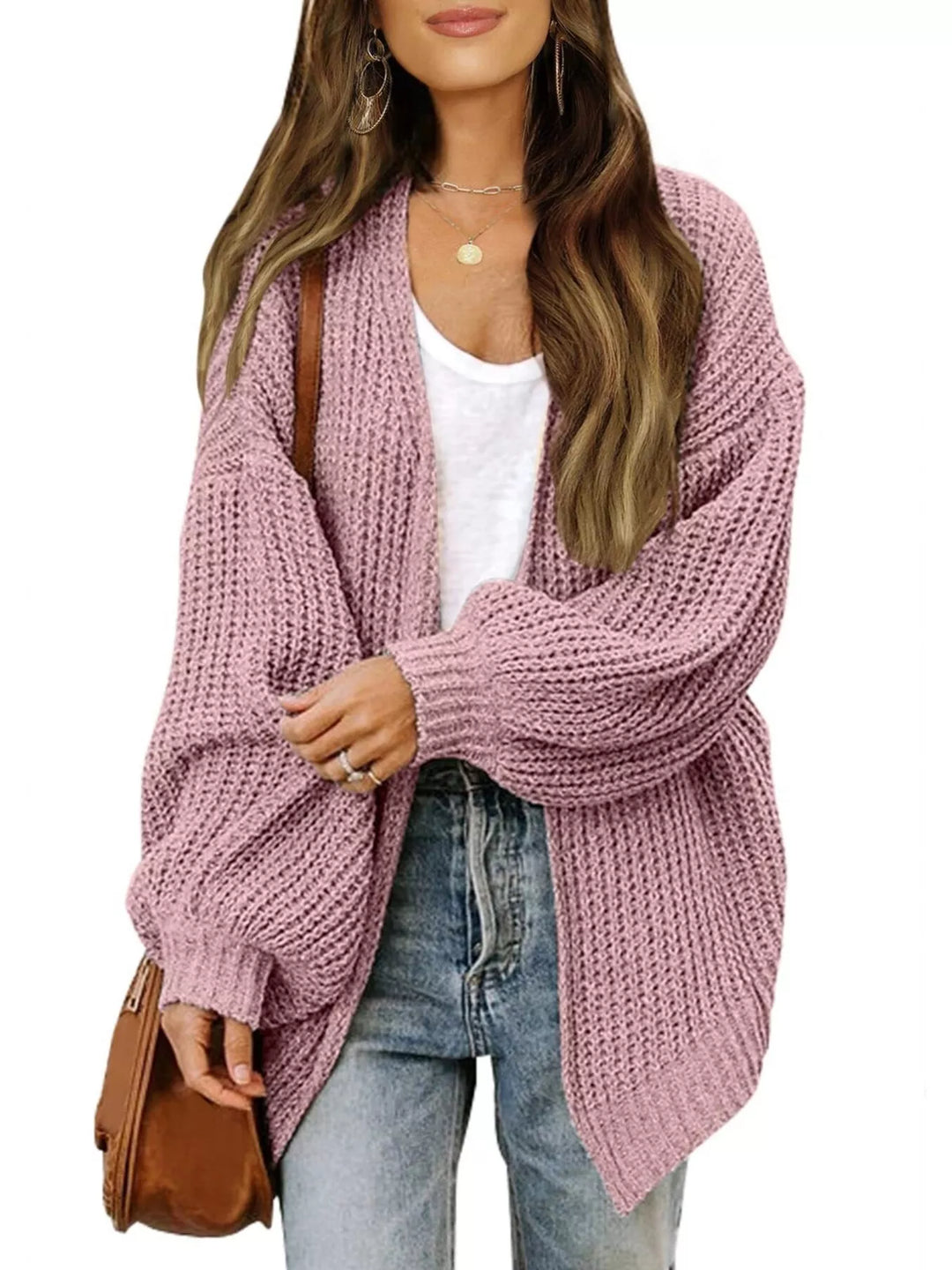 Dusty pink oversized open front cardigan, batwing sleeves styled with jeans