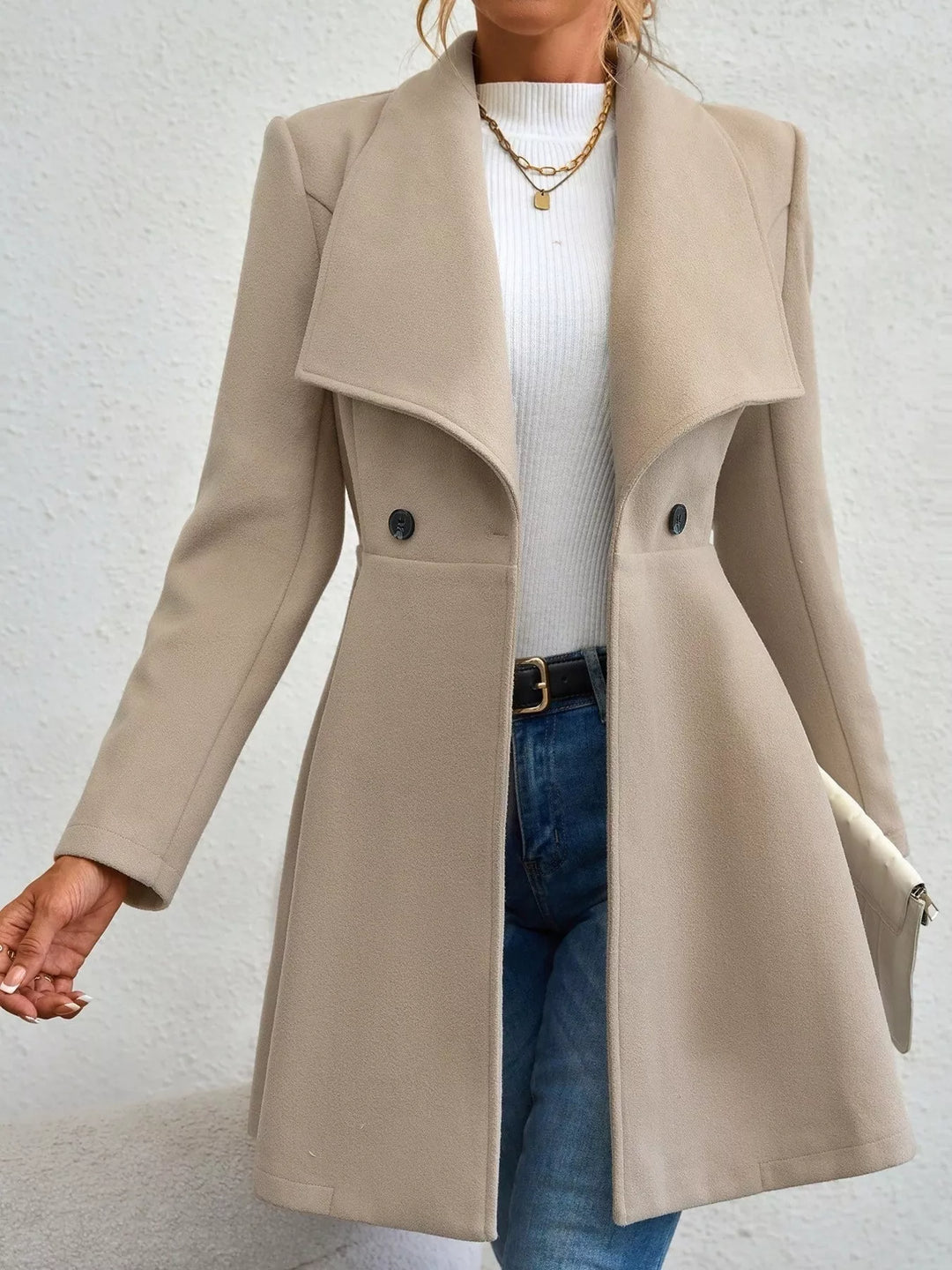 Women's coat in beige, fit and flare double breasted, front view with wide lapel