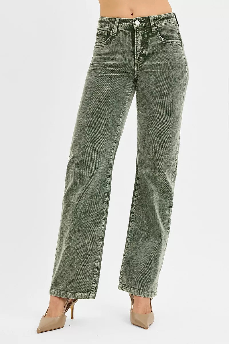 Olive green corduroy straight leg pants with zip fly, slightly angled front view