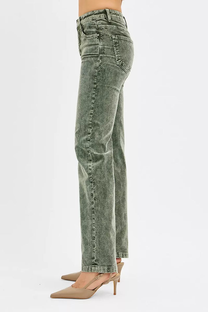 Side view of the olive green corduroy pants with a straight leg