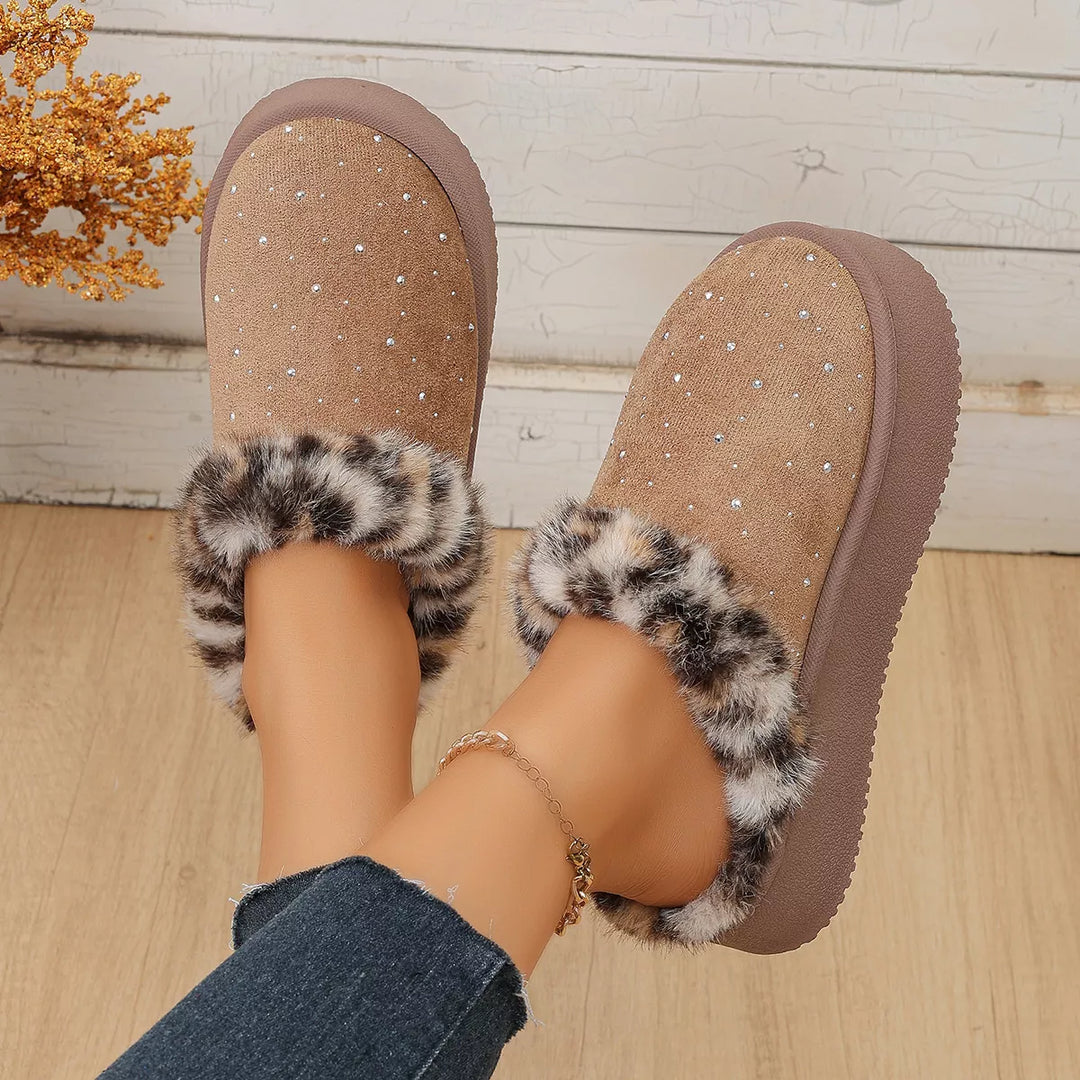 Pair of taupe cozy slippers from above showing the leopard trim