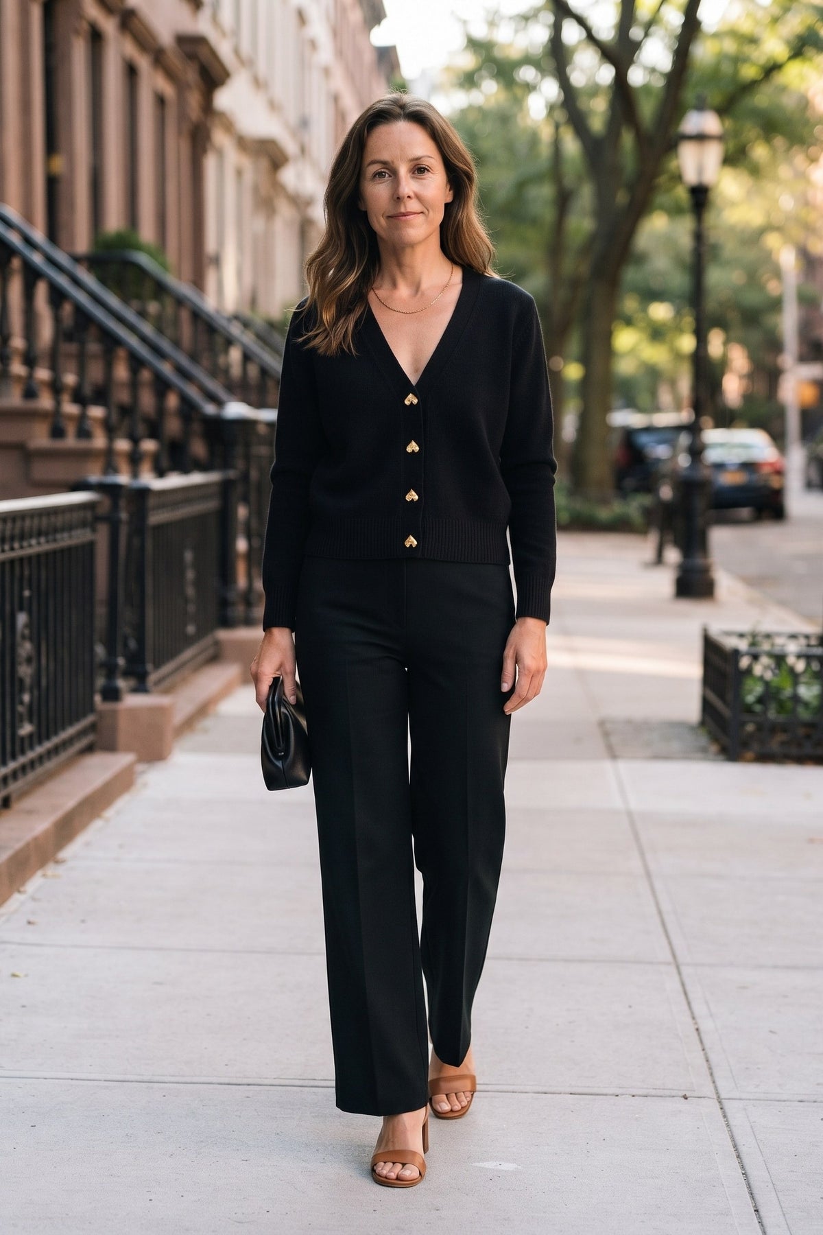 Women's Cropped Button Cardigan | V-Neck — Black — lifestyle — on model