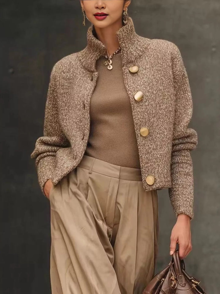 Women's cropped cardigan in camel with stand collar and gold buttons