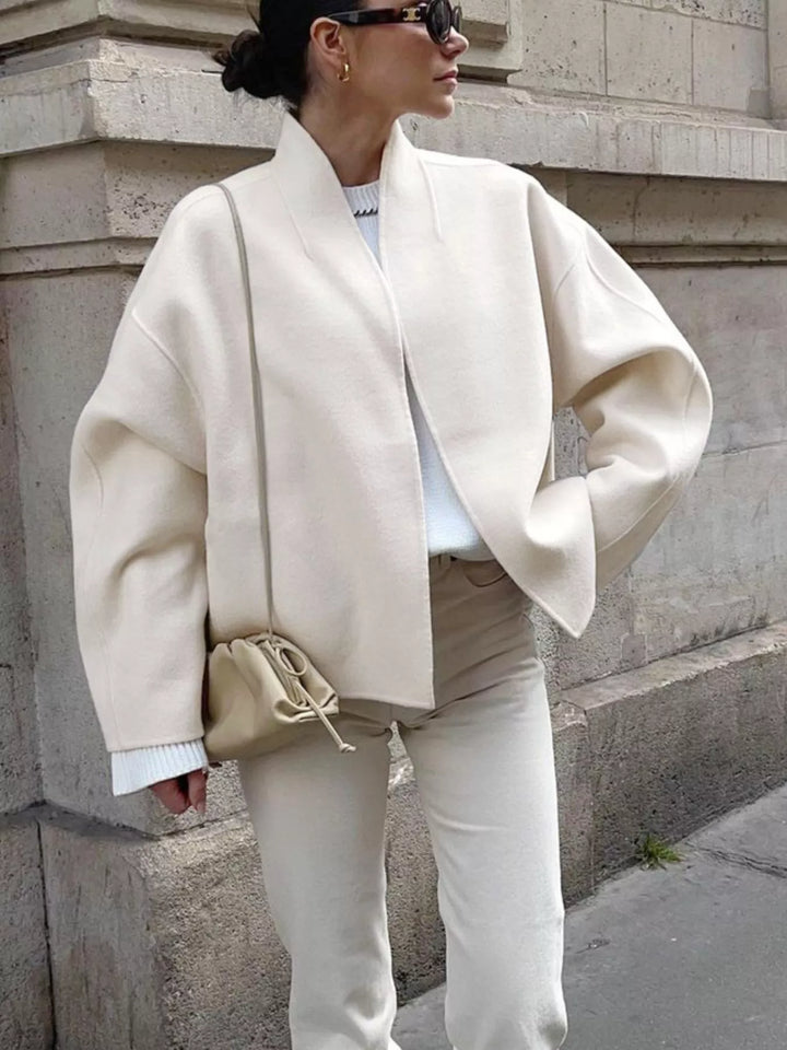 Women's cropped jacket in ivory with open front and dropped shoulders
