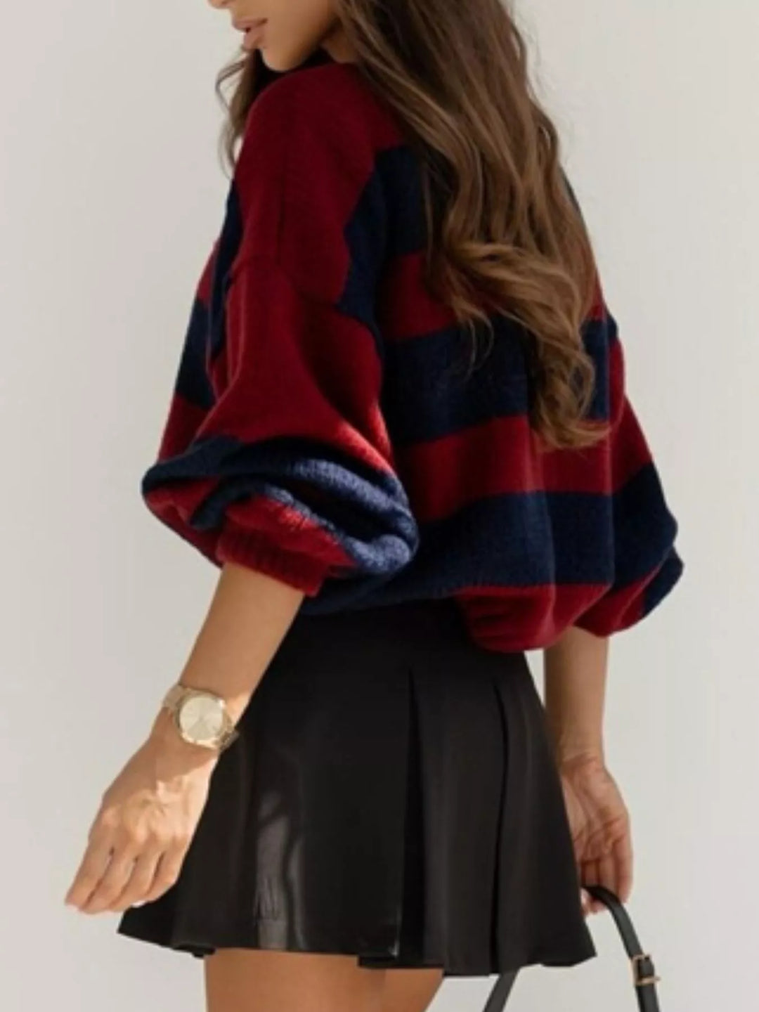 Burgundy navy striped cropped sweater with balloon sleeves, side view