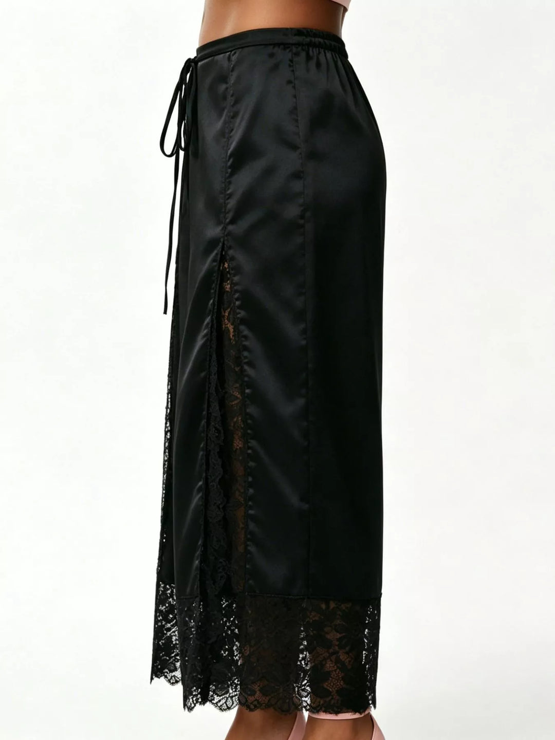 Black satin look pants side detail with sheer lace insert and scalloped hem