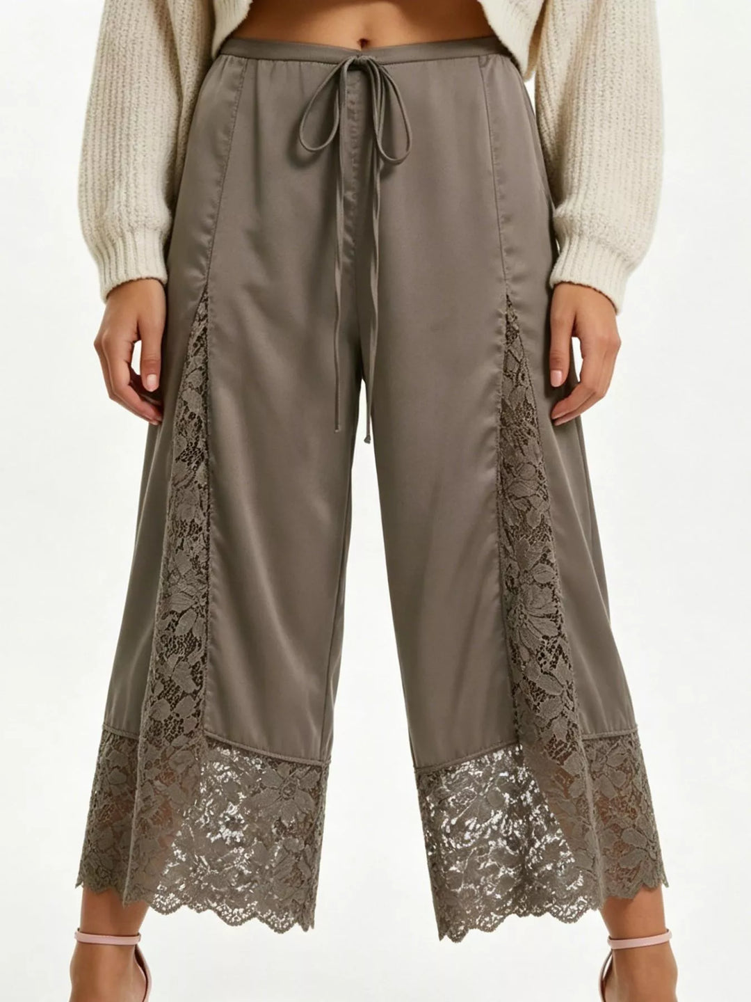 Mocha satin look lace panel pants styled with a cream knit sweater