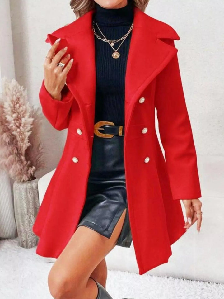 Red double breasted coat with notch lapel and fitted waist, front view