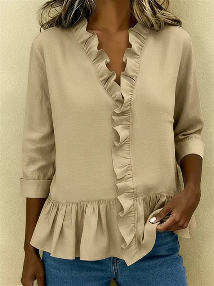 Ruffle front peplum hem relaxed v-neck in khaki, front view