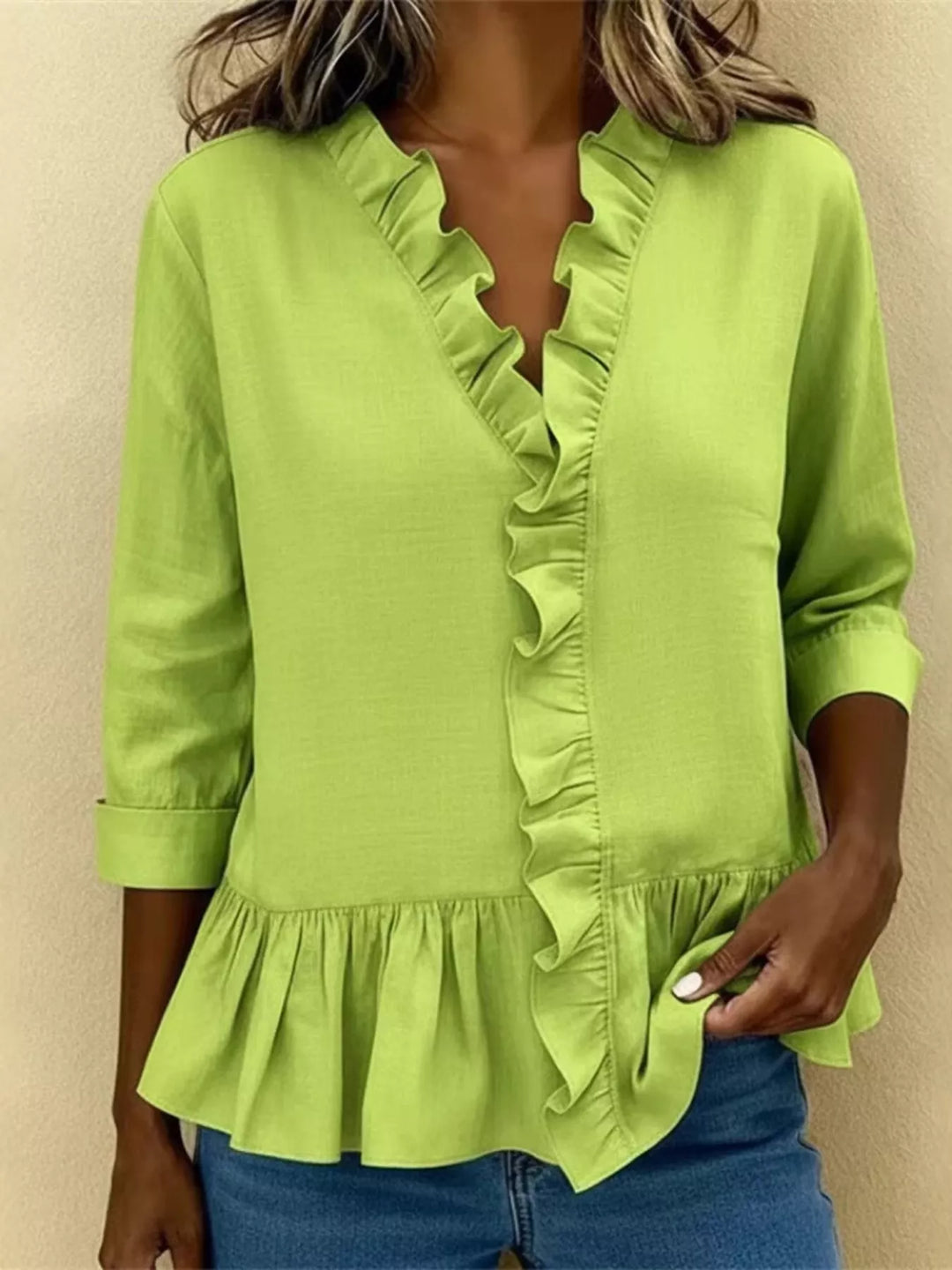 Ruffle front peplum hem relaxed v-neck in yellow-green, front view
