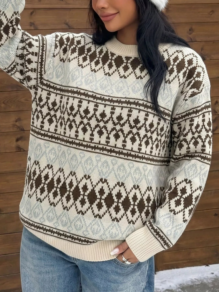 Crew neck ribbed trim relaxed fit in apricot color, front view
