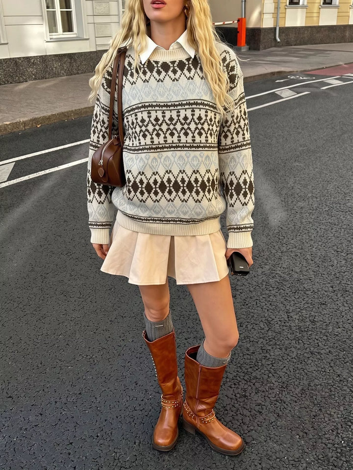 Crew neck ribbed trim relaxed fit in apricot color, styled on model 5