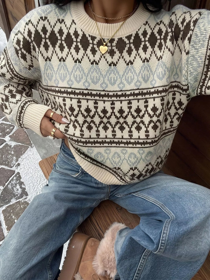 Women's fair isle sweater in apricot color, crew neck ribbed trim relaxed fit