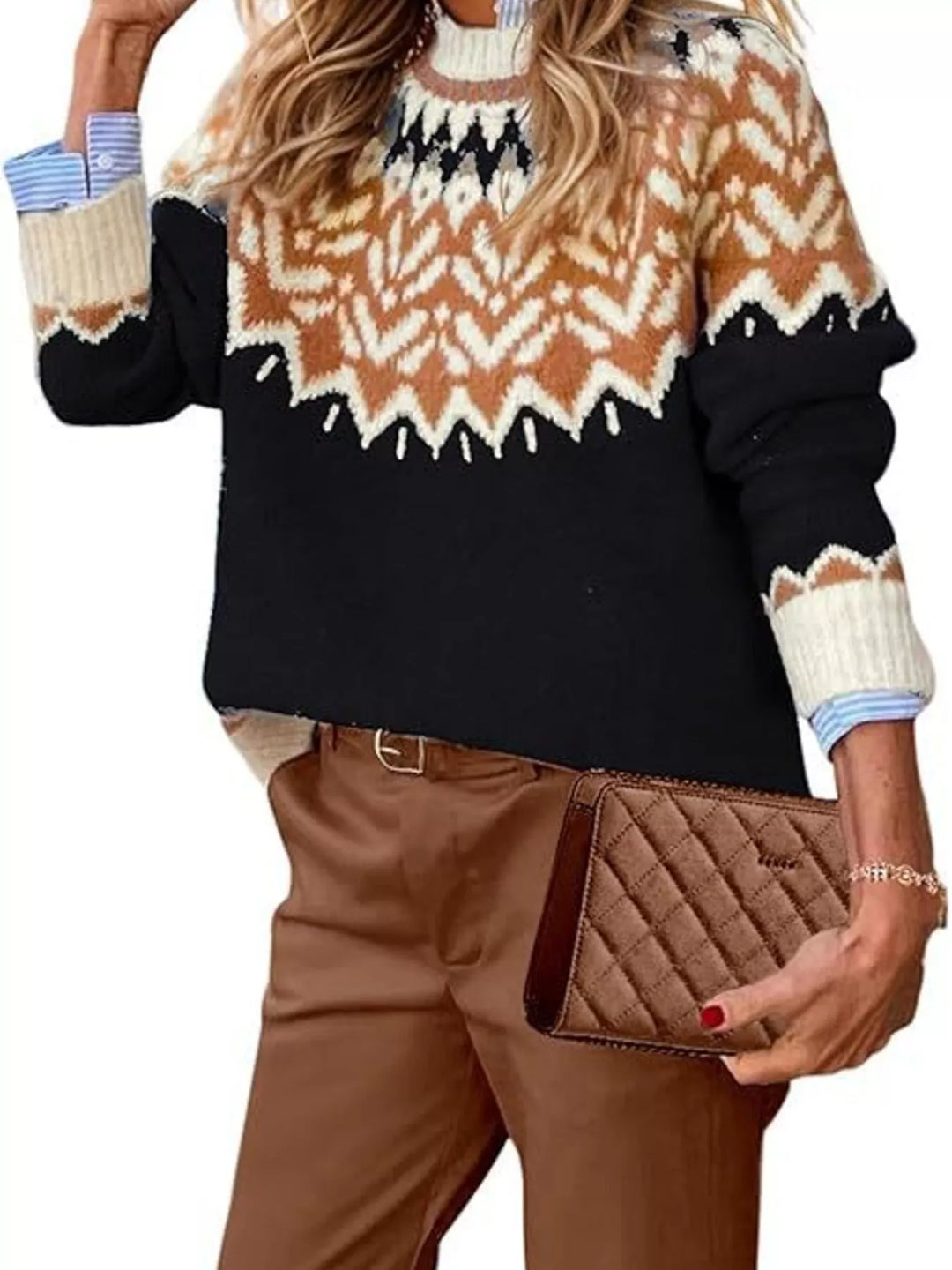 Black Fair Isle crew neck sweater with zigzag yoke, front view with clutch