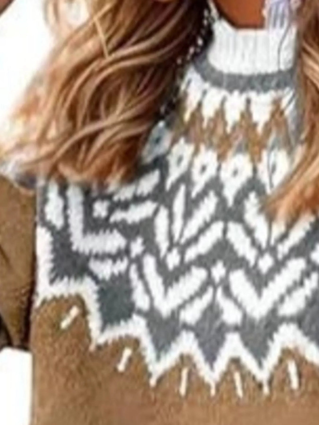 Close-up of the camel sweater gray and white yoke pattern