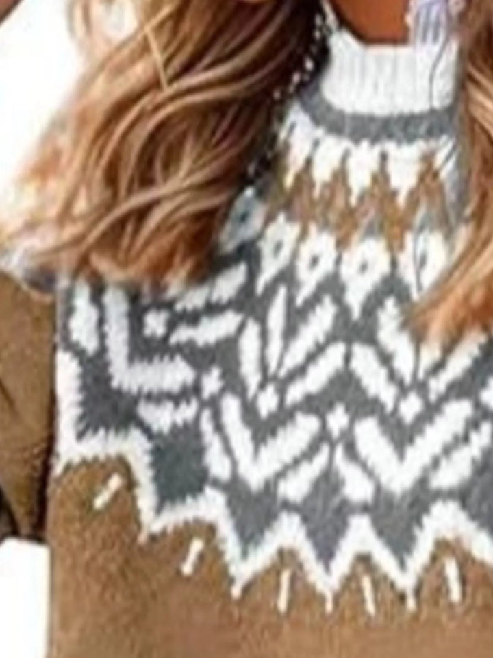 Close-up of the camel sweater gray and white yoke pattern