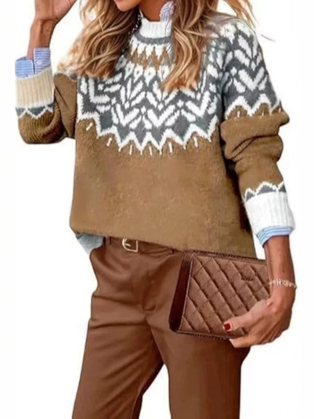 Camel Fair Isle sweater with gray and white zigzag yoke, front view
