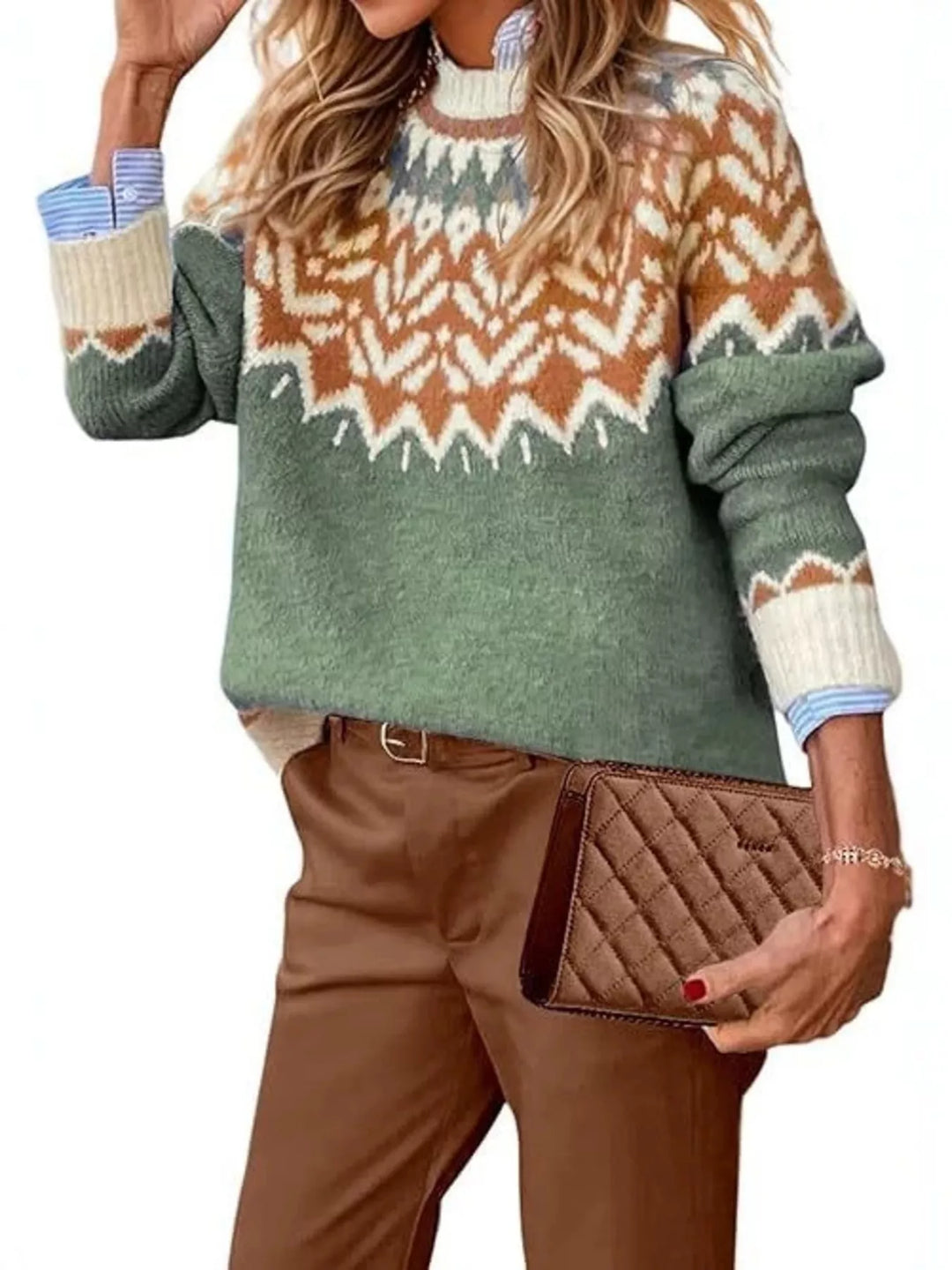 Sage green Fair Isle sweater with zigzag yoke and layered cuff, front view