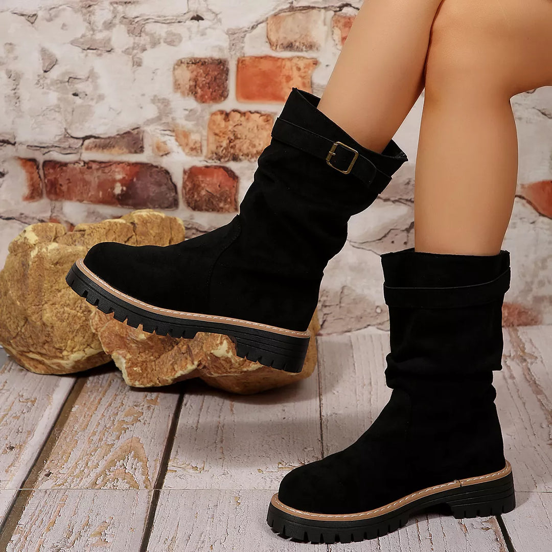Women's fall boots in black with mid calf slouch and chunky sole