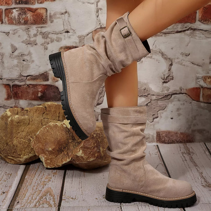 Taupe mid calf slouch boots with chunky sole and buckle strap