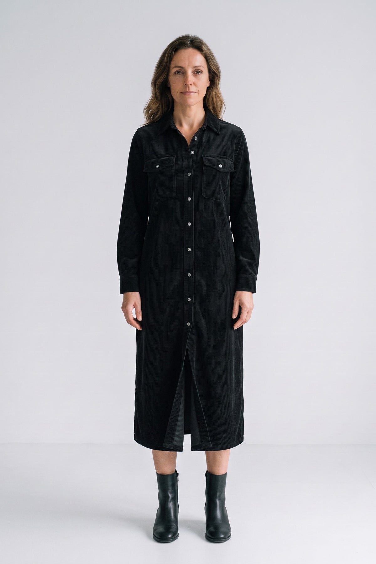 Women's Fall Dress | Long Sleeve Midi Shirt Dress — Black — front view — on model