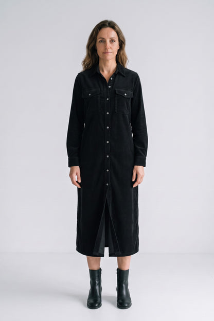 Women's Fall Dress | Long Sleeve Midi Shirt Dress — Black — front view — on model