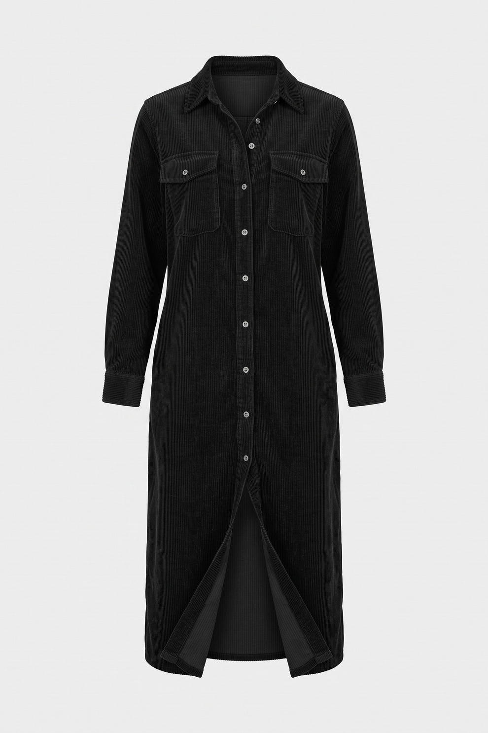 Women's Fall Dress | Long Sleeve Midi Shirt Dress — Black — packshot