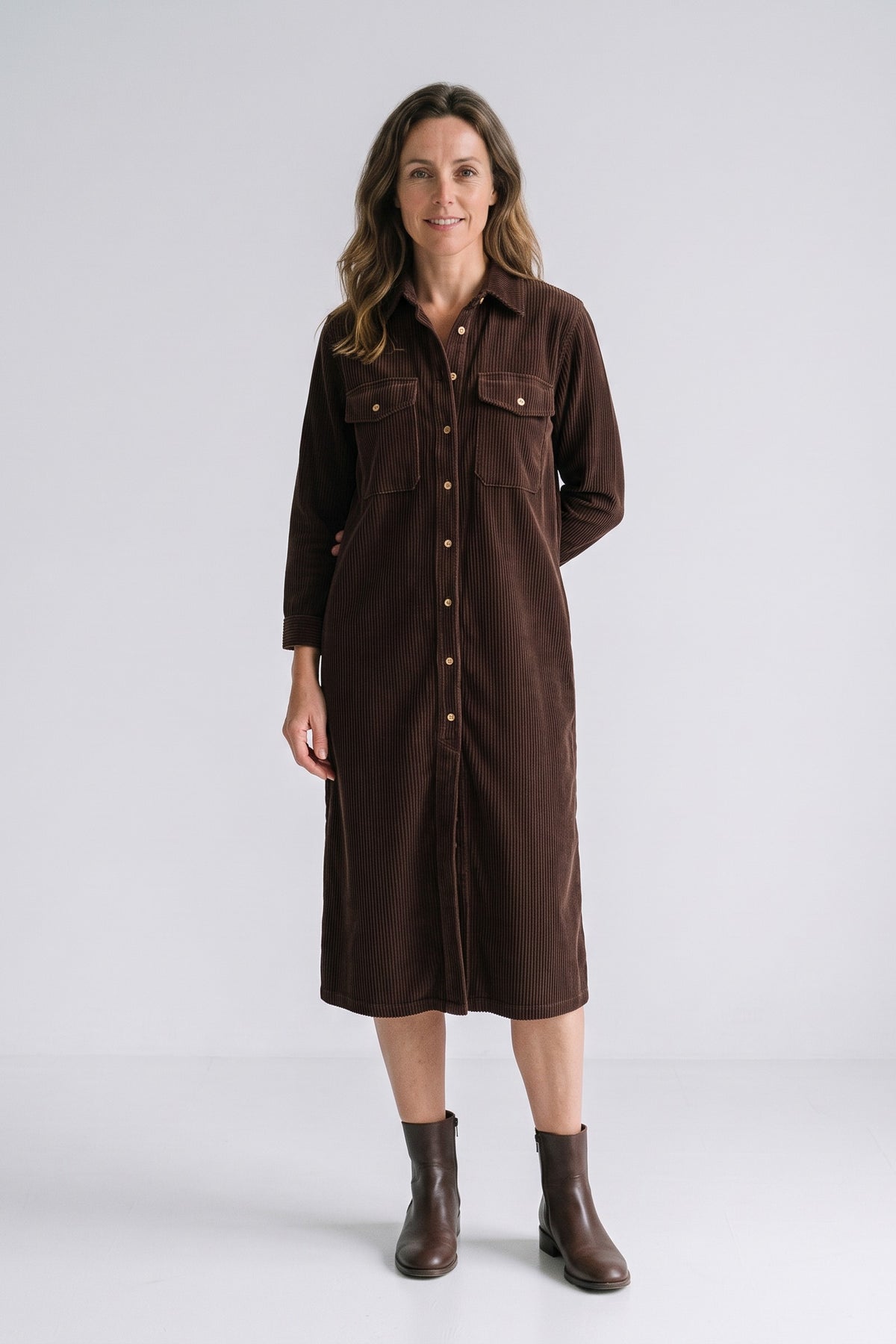 Women's Fall Dress | Long Sleeve Midi Shirt Dress — Brown — front view — on model