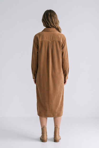 Women's Fall Dress | Long Sleeve Midi Shirt Dress — Camel — back view — on model