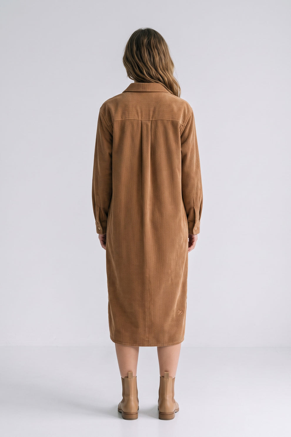 Women's Fall Dress | Long Sleeve Midi Shirt Dress — Camel — back view — on model