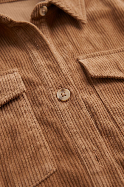 Women's Fall Dress | Long Sleeve Midi Shirt Dress — Camel — detail — on model