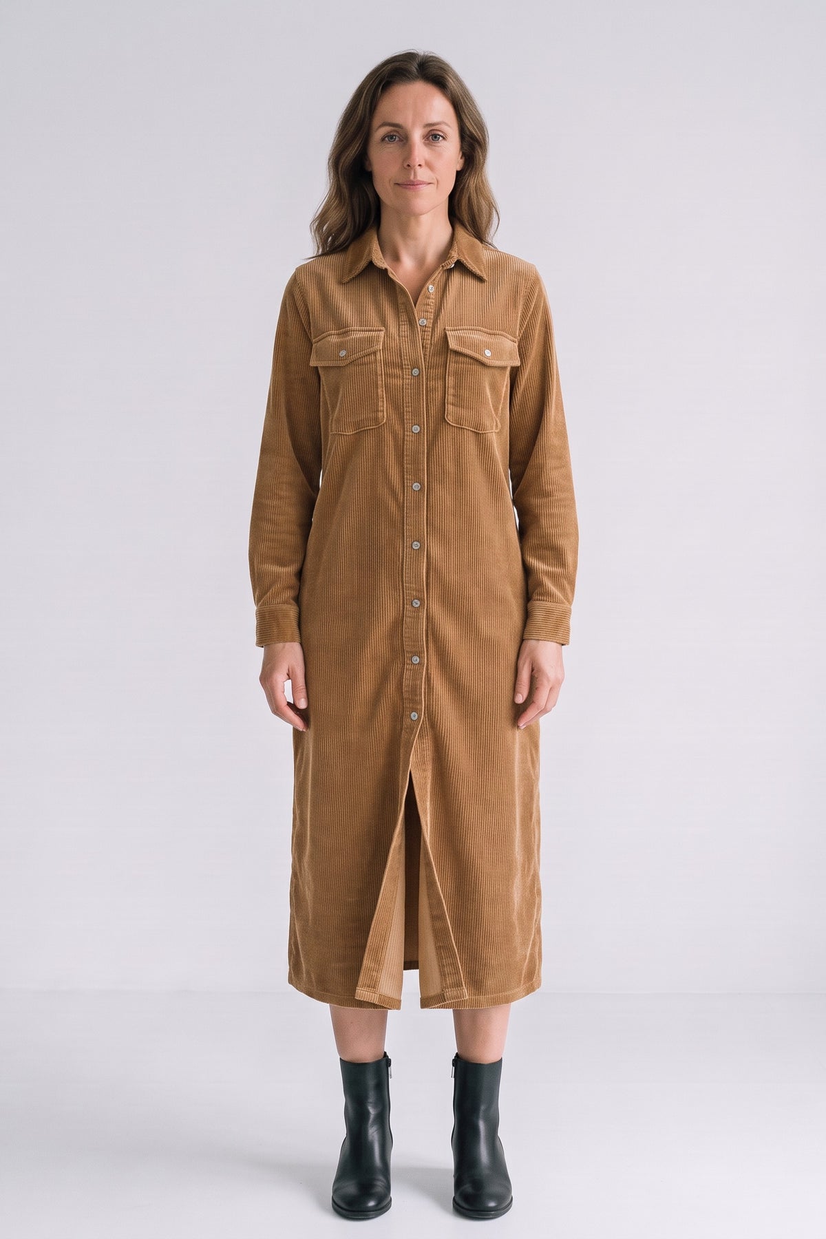 Women's Fall Dress | Long Sleeve Midi Shirt Dress — Camel — front view — on model