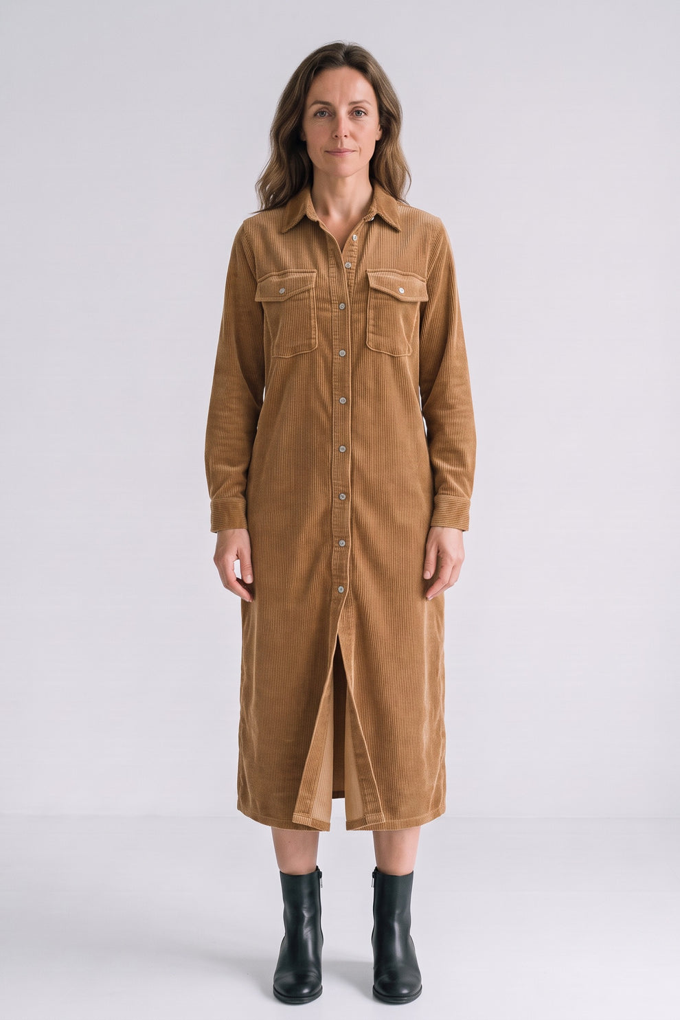 Women's Fall Dress | Long Sleeve Midi Shirt Dress — Camel — front view — on model